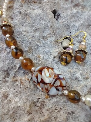 Elegant Mother of Pearl, Agate Necklace with Fossilized Coral Pendant, Natural Stone, Necklace and Earring Set - image3